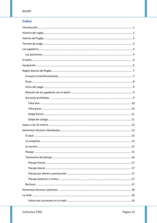 RUGBY
Col.lectius TEDI Página 32
Índice
Introducción.................................................................................................................................. 1
Historia del rugby.......................................................................................................................... 1
Valores del Rugby.......................................................................................................................... 2
Terreno de juego........................................................................................................................... 3
Los jugadores ................................................................................................................................ 4
Las posiciones............................................................................................................................ 4
El balón.......................................................................................................................................... 6
Equipación..................................................................................................................................... 6
Reglas básicas del Rugby............................................................................................................... 7
Ensayos y transformaciones...................................................................................................... 7
Drop........................................................................................................................................... 8
Inicio del juego:......................................................................................................................... 9
Relación de los jugadores con el balón:.................................................................................... 9
Acciones prohibidas: ................................................................................................................. 9
Falta leve ............................................................................................................................. 10
Falta grave........................................................................................................................... 10
Golpe franco........................................................................................................................ 11
Golpe de castigo.................................................................................................................. 11
Saque a los 22 metros................................................................................................................. 13
Elementos técnicos individuales ................................................................................................. 15
El pase ..................................................................................................................................... 15
La recepción ............................................................................................................................ 15
La carrera................................................................................................................................. 15
Placaje ..................................................................................................................................... 15
Taxonomía del placaje............................................................................................................. 16
Placaje frontal ..................................................................................................................... 17
Placaje lateral...................................................................................................................... 17
Placaje por detrás o persecución ........................................................................................ 17
Placaje posterior o mosca ................................................................................................... 17
Rechazo ................................................................................................................................... 17
Elementos técnicos colectivos .................................................................................................... 18
La melé........................................................................................................................................ 18
Faltas más corrientes en la melé:........................................................................................ 19
 