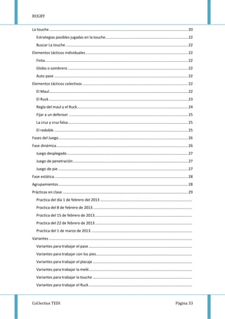 RUGBY
Col.lectius TEDI Página 33
La touche..................................................................................................................................... 20
Estrategias posibles jugadas en la touche............................................................................... 22
Buscar La touche ..................................................................................................................... 22
Elementos tácticos individuales.................................................................................................. 22
Finta......................................................................................................................................... 22
Globo o sombrero ................................................................................................................... 22
Auto pase ................................................................................................................................ 22
Elementos tácticos colectivos ..................................................................................................... 22
El Maul..................................................................................................................................... 22
El Ruck ..................................................................................................................................... 23
Regla del maul y el Ruck.......................................................................................................... 24
Fijar a un defensor .................................................................................................................. 25
La cruz y cruz falsa................................................................................................................... 25
El redoble ................................................................................................................................ 25
Fases del Juego............................................................................................................................ 26
Fase dinámica.............................................................................................................................. 26
Juego desplegado.................................................................................................................... 27
Juego de penetración.............................................................................................................. 27
Juego de pie ............................................................................................................................ 27
Fase estática................................................................................................................................ 28
Agrupamientos............................................................................................................................ 28
Prácticas en clase ........................................................................................................................ 29
Practica del día 1 de febrero del 2013 ........................................................................................
Practica del 8 de febrero de 2013...............................................................................................
Practica del 15 de febrero de 2013.............................................................................................
Practica del 22 de febrero de 2013.............................................................................................
Practica del 1 de marzo de 2013.................................................................................................
Variantes .........................................................................................................................................
Variantes para trabajar el pase...................................................................................................
Variantes para trabajar con los pies............................................................................................
Variantes para trabajar el placaje ...............................................................................................
Variantes para trabajar la melé...................................................................................................
Variantes para trabajar la touche ...............................................................................................
Variantes para trabajar el Ruck...................................................................................................
 