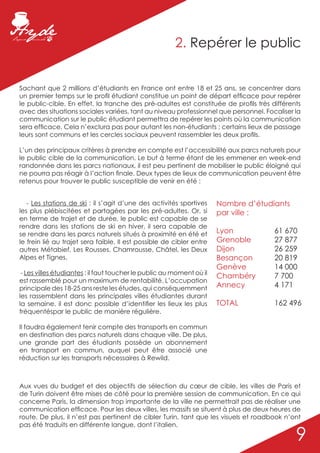 2. Repérer le public


Sachant que 2 millions d’étudiants en France ont entre 18 et 25 ans, se concentrer dans
un premier temps sur le profil étudiant constitue un point de départ efficace pour repérer
le public-cible. En effet, la tranche des pré-adultes est constituée de profils très différents
avec des situations sociales variées, tant au niveau professionnel que personnel. Focaliser la
communication sur le public étudiant permettra de repérer les points où la communication
sera efficace. Cela n’exclura pas pour autant les non-étudiants : certains lieux de passage
leurs sont communs et les cercles sociaux peuvent rassembler les deux profils.

L’un des principaux critères à prendre en compte est l’accessibilité aux parcs naturels pour
le public cible de la communication. Le but à terme étant de les emmener en week-end
randonnée dans les parcs nationaux, il est peu pertinent de mobiliser le public éloigné qui
ne pourra pas réagir à l’action finale. Deux types de lieux de communication peuvent être
retenus pour trouver le public susceptible de venir en été :


   - Les stations de ski : il s’agit d’une des activités sportives     Nombre d’étudiants
les plus plébiscitées et partagées par les pré-adultes. Or, si         par ville :
en terme de trajet et de durée, le public est capable de se
                                                                       		
rendre dans les stations de ski en hiver, il sera capable de
se rendre dans les parcs naturels situés à proximité en été et         Lyon			       61 670		
le frein lié au trajet sera faible. Il est possible de cibler entre    Grenoble		    27 877		
autres Métabief, Les Rousses, Chamrousse, Châtel, les Deux             Dijon			      26 259		
Alpes et Tignes.                                                       Besançon		    20 819		
                                                                       Genève		 14 000		
 - Les villes étudiantes : il faut toucher le public au moment où il
                                                                       Chambéry	     7 700		
est rassemblé pour un maximum de rentabilité. L’occupation
principale des 18-25 ans reste les études, qui conséquemment           Annecy		 4 171	
les rassemblent dans les principales villes étudiantes durant          	
la semaine. il est donc possible d’identifier les lieux les plus       TOTAL		 162 496	 	
fréquentéspar le public de manière régulière.

Il faudra également tenir compte des transports en commun
en destination des parcs naturels dans chaque ville. De plus,
une grande part des étudiants possède un abonnement
en transport en commun, auquel peut être associé une
réduction sur les transports nécessaires à Rewild.



Aux vues du budget et des objectifs de sélection du cœur de cible, les villes de Paris et
de Turin doivent être mises de côté pour la première session de communication. En ce qui
concerne Paris, la dimension trop importante de la ville ne permettrait pas de réaliser une
communication efficace. Pour les deux villes, les massifs se situent à plus de deux heures de
route. De plus, il n’est pas pertinent de cibler Turin, tant que les visuels et roadbook n’ont
pas été traduits en différente langue, dont l’italien.

                                                                                             9
 