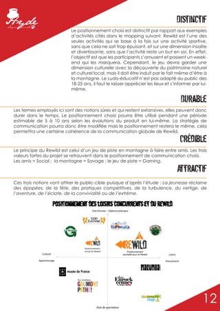 Distinctif
                             Le positionnement choisi est distinctif par rapport aux exemples
                             d’activités cités dans le mapping suivant. Rewild est l’une des
                             seules activités qui se base à la fois sur une activité sportive,
                             sans que cela ne soit trop épuisant, et sur une dimension insolite
                             et divertissante, sans que l’activité reste un but en soi. En effet,
                             l’objectif est que les participants s’amusent et passent un week-
                             end qui les marquera. Cependant, le jeu devra garder une
                             dimension culturelle avec la découverte du patrimoine naturel
                             et culturel local, mais il doit être induit par le fait même d’être à
                             la montagne. Le Ludo-éducatif n’est pas adapté au public des
                             18-25 ans, il faut le laisser apprécier les lieux et s’informer par lui-
                             même.

                                                                                                            Durable
Les termes employés ici sont des notions sûres et qui restent extansives, elles peuvent donc
durer dans le temps. Le positionnement choisi pourra être utilisé pendant une période
estimable de 5 à 10 ans selon les évolutions du produit en lui-même. La stratégie de
communication pourra donc être modifiée mais le positionnement restera le même, cela
permettra une certaine cohérence de la communication globale de Rewild.

                                                                                                            Crédible
Le principe du Rewild est celui d’un jeu de piste en montagne à faire entre amis. Les trois
valeurs fortes du projet se retrouvent dans le positionnement de communication choisi.
Les amis = Social ; la montagne = Savage ; le jeu de piste = Gaming.

                                                                                                       Attractif
Ces trois notions vont attirer le public-cible puisque d’après l’étude : La jeunesse réclame
des épopées, de la fête, des pratiques compétitives, de la turbulence, du vertige, de
l’aventure, de l’éclate, de la convivialité ou de l’extrême.

                      Positionnement des loisirs concurrents et du Rewild
                                           Etat d'acteur – Dépense physique




                                    Positionnement
                                    actuel du Rewild                     Positionnement
             Culturel                                                 souhaité pour le Rewild     Loisirs
                 -                                                                                   -
           Apprentissage                                                                        Amusement




                                                Etat de spectateur
                                                                                                                  12
 