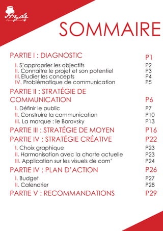SOMMAIRE
PARTIE I : DIAGNOSTIC                        P1
 I. S’approprier les objectifs               P2
 II. Connaître le projet et son potentiel    P3
 III. Etudier les concepts                   P4
 IV. Problématique de communication          P5
PARTIE II : STRATÉGIE DE
COMMUNICATION                                P6
 I. Définir le public                        P7
 II. Construire la communication             P10
 III. La marque : le Borovsky                P13
PARTIE III : STRATÉGIE DE MOYEN              P16
PARTIE IV : STRATÉGIE CRÉATIVE               P22
 I. Choix graphique                          P23
 II. Harmonisation avec la charte actuelle   P23
 III. Application sur les visuels de com’    P24
PARTIE IV : PLAN D’ACTION                    P26
 I. Budget                                   P27
 II. Calendrier                              P28
PARTIE V : RECOMMANDATIONS                   P29
 