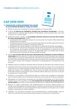 GARDONS LE CAP, CHANGEONS LE QUOTIDIEN ! _ 25
CAP 2018-2019
D	POURSUIVRE LE DÉVELOPPEMENT DE L’ACCÈS
ET DU MAINTIEN EN EMPLOI, PUBLIC ET PRIVÉ
	R	 Mettre en œuvre la rénovation du secteur adapté au 1er
janvier 2019.
	R	Finaliser la réforme de l’obligation d’emploi des travailleurs handicapés : chantiers
réglementaires, évolution des systèmes d’information, communication pour une mise
en œuvre au 1er
janvier 2020.
	R	Déployer le volet « emploi » de la stratégie nationale autisme au sein des des troubles
du neuro-développement (TND) :
		•	sensibilisation des conseillers emploi du service public de l’emploi (Pôle emploi/Cap
Emploi/Missions locales) ;
		•	sensibilisation des acteurs locaux à l’autisme par l’instance du Plan régional d’insertion
professionnelle des travailleurs handicapés (PRITH) ;
		•	doublement des crédits destinés au financement du dispositif de l’emploi accompagné ;
		•	favoriser le recrutement de personnes autistes dans les domaines de l’informatique,
du numérique, de l’imagerie satellitaire et de la cyberdéfense, en application de la
convention de partenariat conclue le 19 juillet 2018 entre le ministère des Armées,
AFG Autisme et l’université de Toulouse-Midi-Pyrénées.
	R	Définir une nouvelle offre de services à destination des employeurs et des travailleurs
handicapés dans le cadre du 2e
volet de la concertation sur la rénovation des outils de
cette politique, lancée le 19 juillet dernier. Elle devra permettre de renforcer la lisibilité
de l’offre pour ses bénéficiaires et de sécuriser les parcours des travailleurs handicapés
vers et dans l’emploi. Elle intégrera notamment le développement de plateformes de
services.
	R	Intégrer la prise en compte du handicap dans le chantier de rénovation de la santé au travail.
	R	Simplifier le fonctionnement du service public de l’emploi au travers d’une coordination
renforcée et d’un rapprochement de Pôle emploi et des Cap Emploi au sein du Service
public de l’emploi. Les modalités de mise en œuvre de cette coordination renforcée
entre Pôle emploi et Cap Emploi seront arbitrées début 2019, pour une mise en œuvre
à compter du 1er
janvier 2020.
	R	Finaliser la concertation interprofessionnelle sur l’emploi des travailleurs handicapés
dans le secteur public dans le cadre de la préparation du projet de loi fonction publique.
	R	Développer une information accessible aux travailleurs handicapés sur le site fonction.
publique.gouv.fr et accueillir au moins 6 % d’apprentis en situation de handicap dans le
secteur public pour l’État, environ 600 personnes pour un objectif de 10 000 apprentis.
	R	Rénover le cadre d’intervention des établissements et services médico-sociaux en
charge de la réadaptation professionnelle ou d’aide par le travail afin de renforcer leurs
missions de formation et d’accompagnement des travailleurs handicapés vers et dans
l’emploi, notamment en milieu ordinaire.
	R	Labelliser une deuxième promotion de 20 polytechniciens « handimanager » dans le
cadre d’un partenariat entre l’école polytechnique et l’association Companieros.
3. Accéder à un emploi et travailler comme les autres
 