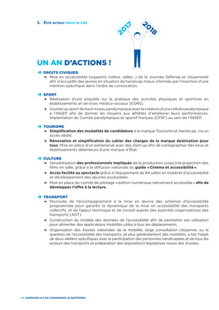 34_GARDONS LE CAP, CHANGEONS LE QUOTIDIEN !
UN AN D’ACTIONS !
D	DROITS CIVIQUES
	 R	Mise en accessibilité (supports vidéos, salles…) de la Journée Défense et citoyenneté
afin d’accueillir des jeunes en situation de handicap mieux informés par l’insertion d’une
mention spécifique dans l’ordre de convocation.
D	SPORT
	 R	 Réalisation d’une enquête sur la pratique des activités physiques et sportives en
établissements et services médico-sociaux (ESMS).
	 R	Soutien au sport de haut niveau paralympique avec la création d’une cellule paralympique
à l’INSEP afin de donner les moyens aux athlètes d’améliorer leurs performances.
Implantation du Comité paralympique et sportif français (CPSF) au sein de l’INSEP.
D	TOURISME
	 R	 Simplification des modalités de candidature à la marque Tourisme et Handicap, via un
accès dédié.
	 R	Rénovation et simplification du cahier des charges de la marque destination pour
tous. Mise en place d’un partenariat avec des start-up afin de cartographier des lieux et
établissements détenteurs d’une marque d’État.
D	CULTURE
	 R	Sensibilisation des professionnels impliqués de la production jusqu’à la projection des
films en salle, grâce à la diffusion nationale du guide « Cinéma et accessibilité ».
	 R	Accès facilité au spectacle grâce à l’équipement de 84 salles en matériel d’accessibilité
et développement des œuvres accessibles.
	 R	Mise en place du comité de pilotage « édition numérique nativement accessible » afin de
développer l’offre à la lecture.
D	TRANSPORT
	 R	Poursuite de l’accompagnement à la mise en œuvre des schémas d’accessibilité
programmée pour garantir la dynamique de la mise en accessibilité des transports
collectifs, et de l’appui technique et de conseil auprès des autorités organisatrices des
transports (AOT).
	 R	Construction du modèle des données de l’accessibilité afin de permettre son utilisation
pour alimenter des applications mobilités utiles à tous les déplacements.
	 R	Organisation des Assises nationales de la mobilité, large consultation citoyenne, ou la
question de l’accessibilité des transports, et plus généralement des mobilités, a fait l’objet
de deux ateliers spécifiques avec la participation des personnes handicapées et de tous les
acteurs des transports et préparation des dispositions législatives issues des Assises.
5.	 Être acteur dans la cité
 
