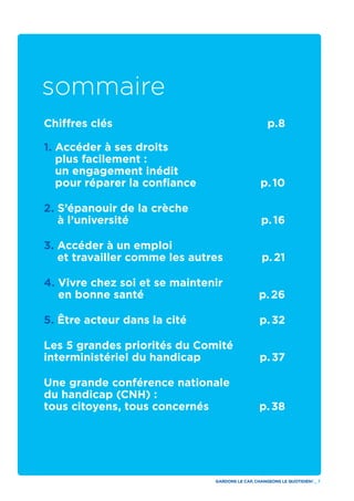 GARDONS LE CAP, CHANGEONS LE QUOTIDIEN ! _ 7
Chiffres clés p.8 
1. Accéder à ses droits
plus facilement :
un engagement inédit
pour réparer la confiance p. 10
2. S’épanouir de la crèche
à l’université p. 16
3. Accéder à un emploi
et travailler comme les autres p. 21
4. Vivre chez soi et se maintenir
en bonne santé p. 26
5. Être acteur dans la cité  p. 32
Les 5 grandes priorités du Comité
interministériel du handicap p. 37
Une grande conférence nationale
du handicap (CNH) :
tous citoyens, tous concernés p. 38
sommaire
 