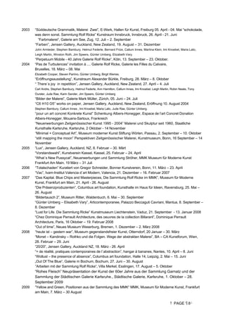 PAGE 8
2003 “Süddeutsche Grammatik, Malerei Zwei”, E-Werk, Hallen für Kunst, Freiburg 05. April - 04. Mai ”schokolade,
was denn sonst. Sammlung Rolf Ricke” Kunstraum Innsbruck, Innsbruck, 26. April - 21. Juni
”Farbmalerei“, Galerie am See, Zug, 12. Juli – 2. September
“Farben”, Jensen Gallery, Auckland, New Zealand, 19. August – 31. Dezember
John Armleder, Stephen Bambury, Helmut Federle, Bernard Frize, Callum Innes, Martina Klein, Imi Knoebel, Maria Lalic,
Leigh Martin, Winston Roth, Jim Speers, Günter Umberg, Elizabeth Vary.
“Perpetuum Mobile - 40 Jahre Galerie Rolf Ricke”, Köln, 13. September – 23. Oktober.
2004 “Pas de Turbulences” invitation à .... Galerie Rolf Ricke, Galerie les Filles du Calvaire,
Bruxelles, 18. März – 08. Mai
Elizabeth Cooper, Steven Parrino, Günter Umberg, Birgit Werres.
“Eröffnungsausstellung”, Kunstraum Alexander Bürkle, Freiburg, 28. März – 8. Oktober
“ There´s joy in repetition”, Jensen Gallery, Auckland, New Zealand, 27. April – 4. Juli
Carl Andre, Stephen Bambury, Helmut Federle, Ann Hamilton, Callum Innes, Imi Knoebel, Leigh Martin, Robin Neate, Tony
Oursler, Jude Rae, Karin Sander, Jim Speers, Günter Umberg
“Bilder der Malerei”, Galerie Mark Müller, Zürich, 05. Juni – 24. Juli
“C6 H10 O5” works on paper, Jensen Gallery, Auckland, New Zealand, Eröffnung 10. August 2004
Stephen Bambury, Callum Innes , Imi Knoebel, Maria Lalic, Jude Rae, Günter Umberg.
“pour un art concret Konkrete Kunst” Schenkung Albers-Honegger, Espace de l’art Concret Donation
Albers-Honegger, Mouans-Sartoux, Frankreich
“Neuerwerbungen Zeitgenössischer Kunst 1995 - 2004” Malerei und Skulptur seit 1960, Staatliche
Kunsthalle Karlsruhe, Karlsruhe, 2 Oktober - 14 November
“Minimal + Conceptual Art”, Museum moderner Kunst Stiftung Wörlen, Passau, 2. September – 10. Oktober
“still mapping the moon” Perspektiven Zeitgenössischer Malerei, Kunstmuseum, Bonn, 16 September – 14
November
2005 ”Lux“, Jensen Gallery, Auckland, NZ, 8. Februar – 30. Märt
“Vorstandswahl”, Kunstverein Kassel, Kassel, 25. Februar – 24. April
“What´s New Pussycat”, Neuerwerbungen und Sammlung Ströher, MMK Museum für Moderne Kunst
Frankfurt Am Main, 19 März – 31 Juli
2006 “Totalschaden” Kuratiert von Gregor Schneider, Bonner Kunstverein, Bonn, 11. März – 23. April
“Vac”, Ivam-Institut Valencia d`art Modern, Valencia, 21. Dezember – 16. Februar 2007
2007 “Das Kapital. Blue Chips and Masterpieces, Die Sammlung Rolf Ricke im MMK”, Museum für Moderne
Kunst, Frankfurt am Main, 21. April - 26. August
“Die Präsenzproduzenten”, Columbus art foundation, Kunsthalle im Haus für Ideen, Ravensburg, 25. Mai –
26. August
“Bildertausch 2”, Museum Ritter, Waldenbuch, 6. Mai – 30. September
“Günter Umberg – Elisabeth Vary”, Articontemporanee, Palazzo Beccaguti Cavriani, Mantua, 8. September –
8. Dezember
“Lust for Life. Die Sammlung Ricke” Kunstmuseum Liechtenstein, Vaduz, 21. September - 13. Januar 2008
“Chez Dominique Perrault Architecture, des oeuvres de la collection Billarant”, Dominique Perrault
Architecture, Paris, 16 Oktober – 19. Februar 2008
“Out of time”, Neues Museum Weserburg, Bremen, 1. Dezember – 2. März 2008
2008 “heute ist – gestern war”, Museum gegenstandsfreier Kunst, Otterndorf, 20 Januar – 30. März
“Monet – Kandinsky – Rothko und die Folgen. Wege der abstrakten Malerei”, BA – CA Kunstforum, Wien,
28. Februar – 29. Juni
“20/20”, Jensen Gallery, Auckland NZ, 18. März - 26. April
“+ de réalité, pratiques contemporaines de l`abstraction”, hangar à bananes, Nantes, 10. April – 8. Juni
“Wollust – the presence of absence”, Columbus art foundation, Halle 14, Leipzig, 2. Mai – 15. Juni
„Out Of The Blue“, Galerie m Bochum, Bochum, 27. Juni – 30. August
”Arbeiten mit der Sammlung Rolf Ricke“, Villa Merkel, Esslingen, 17. August – 5. Oktober
“Rohes Fleisch” Neupräsentation der Kunst der 60er Jahre aus der Sammlung Garnatz und der
Sammlung der Städtischen Galerie Karlsruhe., Städtische Galerie, Karlsruhe, 1. Oktober – 28.
September 2009
2009 ”Yellow and Green, Positionen aus der Sammlung des MMK“ MMK, Museum für Moderne Kunst, Frankfurt
am Main, 7. März – 30 August
 