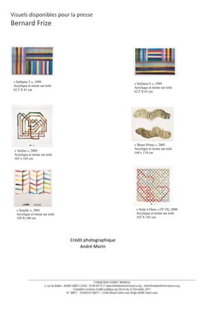 __________________________________________________________________________________________________________________________
FONDATION FERNET BRANCA
2, rue du Ballon - 68300 SAINT-LOUIS - 03 89 69 10 77 www.fondationfernet-branca.org – info@fondationfernet-branca.org
Fondation reconnue d’utilité publique par décret du 23 Décembre 2011
N° SIRET : 753692532 00017 – Crédit Mutuel Saint-Louis Régio 68300 Saint-Louis
Crédit photographique 
André Morin  
Visuels disponibles pour la presse 
Bernard Frize 
 
 
 
   
 
 
 
 
 
 
 
 
 
 
 
 
 
 
 
 
 
 
 
 
 
 
 
 
« Solitaire 5 », 1999
Acrylique et résine sur toile
62.5 X 41 cm
« Solitaire 6 », 1999
Acrylique et résine sur toile
62.5 X 41 cm
« Atelier », 2005
Acrylique et résine sur toile
165 x 165 cm
« Shoso Prime », 2003
Acrylique et résine sur toile
144 x 174 cm
« Souche », 2001
Acrylique et résine sur toile
120 X 180 cm
« Suite à Onze » (N°18), 2006
Acrylique et résine sur toile
165 X 165 cm
 