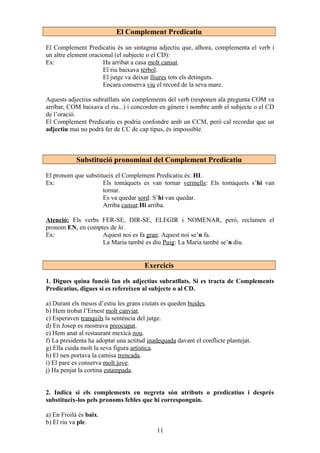 El Complement Predicatiu
El Complement Predicatiu és un sintagma adjectiu que, alhora, complementa el verb i
un altre element oracional (el subjecte o el CD):
Ex: Ha arribat a casa molt cansat.
El riu baixava tèrbol.
El jutge va deixar lliures tots els detinguts.
Encara conserva viu el record de la seva mare.
Aquests adjectius subratllats són complements del verb (responen ala pregunta COM va
arribar, COM baixava el riu...) i concorden en gènere i nombre amb el subjecte o el CD
de l’oració.
El Complement Predicatiu es podria confondre amb un CCM, però cal recordar que un
adjectiu mai no podrà fer de CC de cap tipus, és impossible.
Substitució pronominal del Complement Predicatiu
El pronom que substitueix el Complement Predicatiu és: HI.
Ex: Els tomàquets es van tornar vermells: Els tomàquets s’hi van
tornar.
Es va quedar sord: S’hi van quedar.
Arriba cansat:Hi arriba.
Atenció: Els verbs FER-SE, DIR-SE, ELEGIR i NOMENAR, però, reclamen el
pronom EN, en comptes de hi.
Ex: Aquest noi es fa gran: Aquest noi se’n fa.
La Maria també es diu Puig: La Maria també se’n diu.
Exercicis
1. Digues quina funció fan els adjectius subratllats. Si es tracta de Complements
Predicatius, digues si es refereixen al subjecte o al CD.
a) Durant els mesos d’estiu les grans ciutats es queden buides.
b) Hem trobat l’Ernest molt canviat.
c) Esperaven tranquils la sentència del jutge.
d) En Josep es mostrava preocupat.
e) Hem anat al restaurant mexicà nou.
f) La presidenta ha adoptat una actitud inadequada davant el conflicte plantejat.
g) Ella cuida molt la seva figura artística.
h) El nen portava la camisa trencada.
i) El pare es conserva molt jove.
j) Ha penjat la cortina estampada.
2. Indica si els complements en negreta són atributs o predicatius i després
substitueix-los pels pronoms febles que hi corresponguin.
a) En Froilà és baix.
b) El riu va ple.
11
 