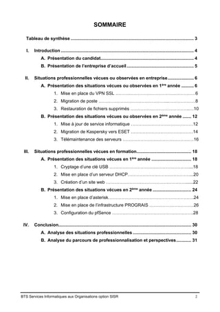 BTS Services Informatiques aux Organisations option SISR 2
SOMMAIRE
Tableau de synthèse ................................................................................................... 3
I. Introduction ........................................................................................................... 4
A. Présentation du candidat........................................................................... 4
B. Présentation de l’entreprise d’accueil...................................................... 5
II. Situations professionnelles vécues ou observées en entreprise..................... 6
A. Présentation des situations vécues ou observées en 1ère année .......... 6
1. Mise en place du VPN SSL ………………………………………………6
2. Migration de poste ………………………………………...………………8
3. Restauration de fichiers supprimés ………………………………….…10
B. Présentation des situations vécues ou observées en 2ème année ....... 12
1. Mise à jour de service informatique ……………………………………12
2. Migration de Kaspersky vers ESET ……………………………………14
3. Télémaintenance des serveurs …………………………………………16
III. Situations professionnelles vécues en formation............................................ 18
A. Présentation des situations vécues en 1ère année ................................ 18
1. Cryptage d’une clé USB ………………………………………………...18
2. Mise en place d’un serveur DHCP……………………………………...20
3. Création d’un site web ………………………………………………......22
B. Présentation des situations vécues en 2ème année ............................... 24
1. Mise en place d’asterisk………………………………………………….24
2. Mise en place de l’infrastructure PROGRAIS …………………………26
3. Configuration du pfSence ……………………………………………….28
IV. Conclusion........................................................................................................... 30
A. Analyse des situations professionnelles ............................................... 30
B. Analyse du parcours de professionnalisation et perspectives............ 31
 
