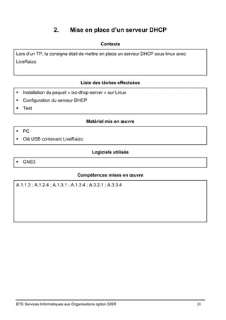 BTS Services Informatiques aux Organisations option SISR 20
2. Mise en place d’un serveur DHCP
Contexte
Lors d’un TP, la consigne était de mettre en place un serveur DHCP sous linux avec
LiveRaizo
Liste des tâches effectuées
▪ Installation du paquet « isc-dhcp-server » sur Linux
▪ Configuration du serveur DHCP
▪ Test
Matériel mis en œuvre
▪ PC
▪ Clé USB contenant LiveRaizo
Logiciels utilisés
▪ GNS3
Compétences mises en œuvre
A.1.1.3 ; A.1.2.4 ; A.1.3.1 ; A.1.3.4 ; A.3.2.1 ; A.3.3.4
 