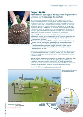 R. Cayrol © Région Réunion

Écotechnologies pour l’agriculture

Projet ISARD
intensification écologique des systèmes de production
agricoles par le recyclage des déchets
Les produits résiduaires organiques (PRO) qui accompagnent l’activité humaine
sont en constante augmentation. L’activité agricole en produit de grandes quantités
(élevage, agro-industries). Par ailleurs, la production d’eaux usées augmente du fait de
la croissance urbaine et de la concentration des populations urbaines. Les eaux usées,
ou les boues issues de leur traitement, sont souvent épandues sur les sols agricoles
en périphérie des villes. Ces PRO sont des sources de matière organique susceptibles
d’augmenter la fertilité des sols avec comme corollaire la possibilité de maintenir une
production agricole durable. Leur multiplicité, la diversité de leurs localisations et des
usages doivent être pris en compte dans les réflexions sur leur utilisation.
Le projet ISARD développe une démarche globale d’intégration des connaissances
appliquées à ce domaine. Son caractère novateur est de prendre en considération des
matières organiques produites par les activités agricoles et allogènes. Deux niveaux
d’organisation sont considérés :
 le niveau où les objets sont les PRO, les sols qui les reçoivent et les cultures qui y
poussent et où les processus sont essentiellement les cycles biogéochimiques ;
 le niveau où les objets sont les unités de production, de transformation et
 Compost de litière de volailles.
d’utilisation des matières organiques ainsi que les groupes d’acteurs et où les
processus sont les transformations et les flux des matières organiques, les
règlementations et les coûts.
Pour ces deux niveaux, de nombreux outils existent et répondent, de façon ponctuelle,
aux besoins d’une gestion intégrée. Le projet les utilise en ayant pour objectif de les
améliorer par une prise en compte de l’ambivalence intérêt-risque et par la définition
d’indicateurs partiels.
Le projet regroupe neuf partenaires intervenant sur quatre terrains : plaine de Versailles
(France), île de la Réunion, conurbation de Dakar (Sénégal), région de Mahajanga
(Madagascar). La prise en compte de situations dans des pays en développement
permet d’augmenter le contraste concernant la composition des PRO, les dispositifs de
traitement, les représentations sociales ou les cadres réglementaires en place.
Contact : Hervé Saint Macary, herve.saint_macary@cirad.fr
 Représentation des systèmes
de recyclage dans ISARD.

Alimentation animale
engrais minéraux

Déchets/MO industriels

Prétraitrement

NIVE

MO agricole

AU 1 - OBJ

ETS

MO agricole
Déchets urbains
Flux entrant
Émission
de gaz

Écotechnologies

NIVEAU 2 - TERRITOIRE

10

Flux de matière
d’intérêt agronomique
Flux de polluant

Conseils,
pilotage, aide
à la décision

Compréhension, Ruissellement
diagnostic,
indicateurs
Interaction
sol

Absorption
plante
Lixiviation

 