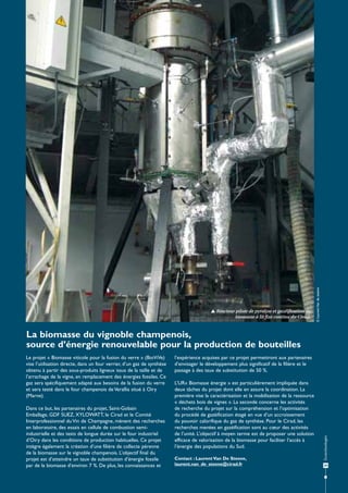 © Laurent Van de steene

 Réacteur pilote de pyrolyse et gazéification de
biomasse à lit fixe continu du Cirad.

La biomasse du vignoble champenois,
source d’énergie renouvelable pour la production de bouteilles

Dans ce but, les partenaires du projet, Saint-Gobain
Emballage, GDF SUEZ, XYLOWATT, le Cirad et le Comité
Interprofessionnel du Vin de Champagne, mènent des recherches
en laboratoire, des essais en cellule de combustion semiindustrielle et des tests de longue durée sur le four industriel
d’Oiry dans les conditions de production habituelles. Ce projet
intègre également la création d’une filière de collecte pérenne
de la biomasse sur le vignoble champenois. L’objectif final du
projet est d’atteindre un taux de substitution d’énergie fossile
par de la biomasse d’environ 7 %. De plus, les connaissances et

l’expérience acquises par ce projet permettront aux partenaires
d’envisager le développement plus significatif de la filière et le
passage à des taux de substitution de 50 %.
L’UR« Biomasse énergie » est particulièrement impliquée dans
deux tâches du projet dont elle en assure la coordination. La
première vise la caractérisation et la mobilisation de la ressource
« déchets bois de vignes ». La seconde concerne les activités
de recherche du projet sur la compréhension et l’optimisation
du procédé de gazéification étagé en vue d’un accroissement
du pouvoir calorifique du gaz de synthèse. Pour le Cirad, les
recherches menées en gazéification sont au cœur des activités
de l’unité. L’objectif à moyen terme est de proposer une solution
efficace de valorisation de la biomasse pour faciliter l’accès à
l’énergie des populations du Sud.
Contact : Laurent Van De Steene,
laurent.van_de_steene@cirad.fr

Écotechnologies

Le projet « Biomasse viticole pour la fusion du verre » (BioViVe)
vise l’utilisation directe, dans un four verrier, d’un gaz de synthèse
obtenu à partir des sous-produits ligneux issus de la taille et de
l’arrachage de la vigne, en remplacement des énergies fossiles. Ce
gaz sera spécifiquement adapté aux besoins de la fusion du verre
et sera testé dans le four champenois de Verallia situé à Oiry
(Marne).

29

 