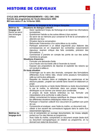 HISTOIRE DE CERVEAUX                                                                        3




                                                                                                 Dossier pédagogique
CYCLE DES APPROFONDISSEMENTS – CE2, CM1, CM2
Extraits des programmes de l’école élémentaire 2002
BO hors série n° du 14 février 2002.
                1

                      Maîtrise du langage et de la langue française
 Maîtrise du      Situations de dialogue collectif :
 langage oral        - Saisir rapidement l'enjeu de l'échange et en retenir les informations
 Savoir se servir        successives.
 des échanges        - Questionner l'adulte ou les autres élèves à bon escient.
 verbaux             - Se servir de sa mémoire pour conserver le fil de la conversation et
                         attendre son tour.
                     - S'insérer dans la conversation.
                     - Reformuler l'intervention d'un autre élève ou du maître.
                     - Participer activement à un débat argumenté pour élaborer des
                         connaissances en en respectant les contraintes (raisonnement
                         rigoureux, examen critique des faits constatés, précision des
                         formulations…).
                     - Commencer à prendre en compte les points de vue des autres
                         membres du groupe.
                  Situations d’exercice :
                     - Formuler une demande d'aide.
                     - Lire à haute voix tout texte utile à l'avancée du travail.
                     - Exposer ses propositions de réponse et expliciter les raisons qui
                         ont conduit à celles-ci.
                  En toute situation
                     - S'interroger sur le sens des énoncés, comparer des formulations
                         différentes d'une même idée, choisir entre plusieurs formulations
                         celle qui est la plus adéquate.
                     - Rappeler de manière claire et intelligible les expériences et les
                         discours passés ; projeter son activité dans l'avenir en élaborant un
                         projet.
                     - Après avoir entendu un texte (texte littéraire ou texte documentaire)
                         lu par le maître, le reformuler dans son propre langage, le
                         développer ou en donner une version plus condensée.
                     - A propos de toute lecture entendue ou lue, formuler une
                         interprétation et la confronter à celle d'autrui.
                     - Utiliser correctement le lexique spécifique de chaque matière dans
                         les différentes situations didactiques mises en jeu,
                     - Participer à l'examen collectif d'un document en justifiant son point
                         de vue.
                     - Comprendre et analyser, avec l'aide du maître, un document oral.
                     - utiliser à bon escient les connecteurs logiques dans le cadre d'un
                         raisonnement rigoureux.
 Maîtrise du         - Lire et comprendre un ouvrage documentaire, de niveau adapté,
 langage écrit           portant sur l'un des thèmes au programme.
                     - Avec l'aide du maître, comprendre un document simple (texte écrit
                         ou document iconographique) en relation au programme, en lui
                         donnant son statut de document.
 