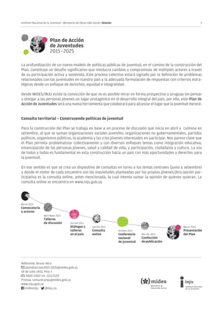3Instituto Nacional de la Juventud - Ministerio de Desarrollo Social | Dossier
Referente: Bruno Vera
plandeaccion2015-2025@mides.gub.uy
18 de Julio 1453, Piso 1
2400 0302 int. 1111/1120
Prensa: comunicainju@mides.gub.uy
www.inju.gub.uy
midesinju @inju_uy
La profundización de un nuevo modelo de políticas públicas de juventud, en el camino de la construcción del
Plan, constituye un desafío significativo que involucra cambios y compromisos de múltiples actores a través
de su participación activa y sostenida. Este proceso colectivo estará signado por la definición de problemas
relacionados con las juventudes en nuestro país y la adecuada formulación de respuestas con criterios estra-
tégicos desde un enfoque de derechos, equidad e integralidad.
Desde MIDES/INJU existe la convicción de que no es posible mirar en forma prospectiva a Uruguay sin pensar
y otorgar a las personas jóvenes un lugar protagónico en el desarrollo integral del país, por ello, este Plan de
Acción de Juventudes será una nueva herramienta que colaborará para alcanzar el lugar que la juventud merece.
Consulta territorial – Construyendo políticas de juventud
Para la construcción del Plan se trabaja en base a un proceso de discusión que inicia en abril y culmina en
setiembre, al que se suman organizaciones sociales juveniles, organizaciones no gubernamentales, partidos
políticos, organismos públicos, la academia y las y los jóvenes interesados en participar. Nos parece clave que
el Plan permita problematizar colectivamente y con diversos enfoques temas como integración educativa,
emancipación de las personas jóvenes, salud y calidad de vida, y participación, ciudadanía y cultura. La voz
de todos y todas es fundamental en esta construcción hacia un país con más oportunidades y derechos para
la juventud.
En ese sentido es que se crea un dispositivo de consultas en torno a los temas centrales (junio a setiembre)
y donde el motor de cada encuentro son las inquietudes planteadas por los propios jóvenes.Otra opción par-
ticipativa es la consulta online, antes mencionada, la cual intenta sumar la opinión de quienes quieran. La
consulta online se encuentra en www.inju.gub.uy
 