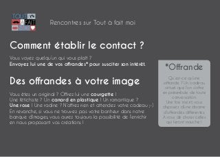Présentez vous
avec humour
sans détours

TOUT
A FAIT
MOI

Rencontres sur Tout à fait moi

Comment établir le contact ?
Vous voyez quelqu’un qui vous plaît ?
Envoyez lui une de vos offrandes* pour susciter son intérêt.

Des offrandes à votre image
Un moteur
de recherche
par défaut...

Vous êtes un original ? Offrez lui une courgette !
Une fétichiste ? Un canard en plastique ! Un romantique ?
Une rose ! Une radine ? N’offrez rien et attendez votre cadeau ;-)
En revanche, si vous ne trouvez pas votre bonheur dans notre
banque d’images, vous aurez toujours la possibilité de l’enrichir
en nous proposant vos créations !

*Offrande
Qu’est-ce qu’une
offrande ? Un cadeau
virtuel que l’on s’offre
en préambule de toute
conversation.
Une fois inscrit, vous
disposez d’une dizaine
d’offrandes différentes.
A vous de choisir celles
qui feront mouche !

 