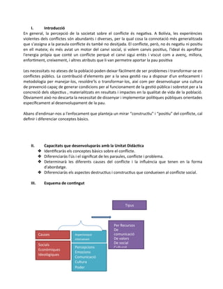 I. Introducció
En general, la percepció de la societat sobre el conflicte és negativa. A Bolívia, les experiències
violentes dels conflictes són abundants i diverses, per la qual cosa la connotació més generalitzada
que s'assigna a la paraula conflicte és també no desitjada. El conflicte, però, no és negatiu ni positiu
en ell mateix; és més aviat un motor del canvi social, si volem canvis positius, l'ideal és aprofitar
l'energia pròpia que conté un conflicte perquè el canvi sigui entès i viscut com a avenç, millora,
enfortiment, creixement, i altres atributs que li van permetre aportar la pau positiva
Les necessitats no ateses de la població poden deixar fàcilment de ser problemes i transformar-se en
conflictes públics. La contribució d'elements per a la seva gestió rau a disposar d'un enfocament i
metodologia per manejar-los, resoldre'ls o transformar-los, així com per desenvolupar una cultura
de prevenció capaç de generar condicions per al funcionament de la gestió pública i sobretot per a la
concreció dels objectius , materialitzats en resultats i impactes en la qualitat de vida de la població.
Òbviament això no descarta la necessitat de dissenyar i implementar polítiques públiques orientades
específicament al desenvolupament de la pau.
Abans d'endinsar-nos a l'enfocament que planteja un mirar “constructiu” i “positiu” del conflicte, cal
definir i diferenciar conceptes bàsics.
II. Capacitats que desenvoluparàs amb la Unitat Didàctica
❖ Identificaràs els conceptes bàsics sobre el conflicte.
❖ Diferenciaràs l'ús i el significat de les paraules, conflicte i problema.
❖ Determinarà les diferents causes del conflicte i la influència que tenen en la forma
d'abordatge.
❖ Diferenciaràs els aspectes destructius i constructius que condueixen al conflicte social.
III. Esquema de contingut
Percepcions
Emocions
Comunicació
Cultura
Poder
Aspectesque
intervenen
Socials
Econòmiques
Ideològiques
Causes
Tipus
Per Recursos
De
comunicació
De valors
De social
Cultural
 