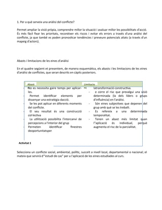 Limitacio
ns
Abast
s
1. Per a què serveix una anàlisi del conflicte?
Permet ampliar la visió pròpia, comprendre millor la situació i avaluar millor les possibilitats d'acció.
És més fàcil fixar les prioritats, reconèixer els riscos i evitar els errors a través d'una anàlisi del
conflicte, ja que també es poden pronosticar tendències i preveure potencials aliats (a través d'un
mapeig d'actors).
Abasts i limitacions de les eines d'anàlisi
En el quadre següent et presentem, de manera esquemàtica, els abasts i les limitacions de les eines
d'anàlisi de conflictes, que seran descrits en càpits posteriors.
- No es necessita gaire temps per aplicar-
les.
- Permet identificar elements per
dissenyar una estratègia dacció.
- Se les pot aplicar en diferents moments
del conflicte.
- El seu resultat és una construcció
col·lectiva
- La utilització possibilita l'intercanvi de
percepcions a l'interior del grup
- Permeten identificar finestres
deoportunitatsper
latransformació constructiva.
- e corre el risc que prevalgui una visió
determinada (la dels líders o grups
d'influència) en l'anàlisi.
- Són eines subjectives que depenen del
grup amb què se les treballi.
- Es refereix a una determinada
temporalitat.
- Tenen un abast més limitat quan
l‟aplicació és individual, perquè
augmenta el risc de la parcialitat.
Selecciona un conflicte social, ambiental, polític, succeït a nivell local, departamental o nacional; el
mateix que servirà d'“estudi de cas” per a l'aplicació de les eines estudiades al curs.
Activitat 1
 