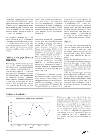 véhiculeront les premières informations       Pharma, il est possible d’utiliser le nou-    jeunesse, mais aussi ceux traitant des
concernant les modifications géné-            veau format «journal» des pages F     ace-    news en général : Le journal de la santé,
tiques entreprises par BetLi Pharma sur       book pour remonter jusqu’à la création        Les maternelles, E=M6, 100%Mag, etc.
le réseau social. L’objectif est de favori-   de l’entreprise et utiliser le storytelling   Enfin ce communiqué sera également
ser le partage de cette information sous      afin de montrer aux utilisateurs les évé-     envoyé à tous les sites web et blogs
forme de retweets ou de partage sur           nements marquants de la vie de l’entre-       inf luents tels que Minute Buzz, Y ahoo,
les autres réseaux sociaux (F  acebook et     prise : nouveaux produits, expériences,       Rue 89, mais aussi ceux abordant la
Google + par exemple).                        découvertes...                                santé en général : Doctissimo etc. Le
                                                                                            but ici est de leur dévoiler l’issue du
Les complices désignés par WWF                                                              buzz préalablement établi sur internet.
seront chargés de lancer le hashtag de        La seconde semaine, elle, consistera à
l’opération, un outil utilisé pour regrou-    envoyer deux communiqués de presse            Objectifs
per tous les tweets concernant le sujet       aux media. Le premier présentant le
et permettant aussi de mesurer l’impact       canular créé par WWF et le second,            L’important dans cette démarche est
d’un sujet de conversation au sein du         factice, présentant l’entreprise BetLi        dans un premier temps de créer le
réseau. Le hashtag utilisé sera #betli-       Pharma et ses actions. L’idée ici est         buzz via internet et notamment grâce
pharma                                        d’informer les journalistes des intentions    aux réseaux sociaux afin que l’informa-
                                              de WWF et de les rendre en quelques           tion prenne de plus en plus d’ampleur
                                              sortes complices de cette opération.          et fasse réagir naturellement les inter-
Création d’une page F
                    acebook                   Afin qu’ils parlent du faux site avec le      nautes.
                                              plus de sincérité possible, il est impor-     La suite des opérations consistant à en-
BetLiPharma                                   tant de leur montrer qu’il s’agit d’une       voyer les deux communiqués de presse
                                              action de l’ONG, et donc que ce buzz          permettra d’apporter le plus d’éclair-
Alimentée par WWF durant la phase de          est créé pour la bonne cause. Ils pour-
buzz, la page contient des informations                                                     cissements possibles aux journalistes
                                              ront ainsi renforcer ce dernier et éviter     et autres relayeurs d’informations afin
sur l’entreprise et poste régulièrement       d’instaurer le doute et dévoiler qu’il
sur sa dernière découverte en date : la                                                     qu’ils prennent conscience des enjeux
                                              s’agit d’une intox.                           de cette action.
fameuse découverte de la possibilité
de modification d’embryons humains                                                          Le fait de contacter le plus de monde
                                              WWF enverra donc les deux communi-            possible permettra d’intensifier la véra-
afin de «modifier la vie» : témoignages       qués, tout d’abord aux médecins géné-
de médecins reconnus, interviews                                                            cité de l’information, téléspectateurs, in-
                                              ticiens les plus inf luents en France, afin   ternautes, tout le monde verra la même
audio, questions posées aux «fans» de         qu’ils évitent de contrecarrer l’informa-
la page pour recueillir leur avis sur le                                                    info. Le grand public qui est notre cible
                                              tion. Puis aux journalistes et notamment      principale sera d’autant plus touché et
procédé. Afin de crédibiliser l’appa-         ceux des émissions TV abordant les
rition soudaine sur F acebook de BetLi                                                      réagira plus activement à l’annonce de
                                              thèmes de la santé, de la science, de la      cette info.



Justification du calendrier
                                                                                 D’après une étude menée par l’Ined, les nais-
                                                                                 sances les plus fréquentes se font entre les mois
                                                                                 de juillet et de septembre. Nous avons décidé de
                                                                                 commencer notre campagne au mois de sep-
                                                                                 tembre pour sensibiliser les jeunes et futures ma-
                                                                                 mans à l’Opération BetLi Pharma, qui polémique
                                                                                 sur les modifications génétiques des nouveau-
                                                                                 nés. Afin de ne pas empiéter sur la préparation
                                                                                 de la rentrée, le buzz de l’opération se déroulera
                                                                                 début septembre (du 1 au 15 septembre 2013)
                                                                                 pour ensuite perdurer jusqu’à la révélation mi-
                                                                                 septembre.




                                                                                                                                19
 