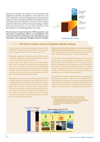 Carbon in drylans soils—Multiple essential functions12
Intense exchanges of carbon occur between soil,
vegetation and the atmosphere—soil emits CO2
(via
root respiration and microorganisms) and sequesters
organic carbon (via photosynthesis and plant residue
transformation into humus). Overall, soils capture
more CO2
than they release, thus generating a carbon
sink that increases by 1-3 Gt a year, which in turn
participates in mitigating global warming.
Preserving or increasing the SOM quantity can
thus have a significant effect on atmospheric CO2
concentrations by limiting some greenhouse gas
emissions, thus helping to mitigate climate change.
The atmosphere constantly exchanges carbon with the
biosphere. Terrestrial ecosystems capture atmospheric
CO2
at a rate of around 1-3 Gt of carbon per year:
 Globally, vegetation extracts around 120 Gt of carbon
from the atmosphere via photosynthesis annually, or about
1 atom of atmospheric carbon out of 7.
 At the same time, plants emit CO2
and thus release
about half of the carbon they extract from the atmosphere.
Then most of the other half returns to the atmosphere
through the so-called ‘soil respiration’ process. The latter
includes two main processes: root respiration and that
resulting from the activity of microorganisms and soil
fauna which decompose organic matter.
Ultimately, in terms of carbon exchange, photosynthesis
is slightly superior to plant and soil respiration—part of
the atmospheric carbon captured by plants is thus stored
in biomass and soil in the form of soil organic matter
(SOM, see p. 6). This is called carbon sequestration.
Through this process, terrestrial ecosystems serve as a
sink which slows down the buildup of atmospheric CO2
.
Part of the CO2
emitted as a result of human activities
is therefore absorbed by terrestrial ecosystems but also
by the oceans (see figure below).
However, only the terrestrial sink could be increased,
without risk, by human activities (see p. 15). An increase
in CO2
uptake by the oceans is accompanied by acidification,
which has a dramatic impact on ocean ecosystems.
It is already known that global warming will disrupt the
carbon cycle, especially soil microorganism respiration.
Some studies have estimated that an increase of a few
tenths of degrees could eliminate the current biospheric
sink. Raich & Schlesinger (1992) estimated that a global
annual temperature rise of 0.3°C alone would result in an
increase in soil respiration of 2 Gt of carbon per year, thus
cancelling out the current biospheric pool.
The sensitivity of organic carbon stocks and respiration to
temperature increases is still the focus of heated debate.
There is only a consensus on the fact that the decomposition
rate determined on the basis of observations and experiments
under current conditions are inadequate for predicting the
effects of climate change on the global soil carbon pool.
> FOCUS | Terrestrial carbon cycle and global climate change
Atmosphere
800-850
Vegetation
450-680
Soils
1 500-2 000
(ﬁrst metre)
Values in billion
tonnes of C
800 in
the top 30 cm
 Terrestrial carbon stocks (Gt).
 Carbon exchanges between ecosystems and the atmosphere.
a. Soil carbon sequestration resulting from gaseous exchanges between
photosynthesis and plant respiration and soil organisms and microorganisms.
b. Soil carbon ﬂuxes to the atmosphere following deforestation.
c. Nonagricultural/nonforest anthropogenic CO2
emissions.
d. Oceanic sink.
Soils
Photosynthesis
~ 120
Respiration
~ 120 Values in billions of tonnes of C
Mean values for the 2003-2012 period (www.globalcarbonproject.org)
 