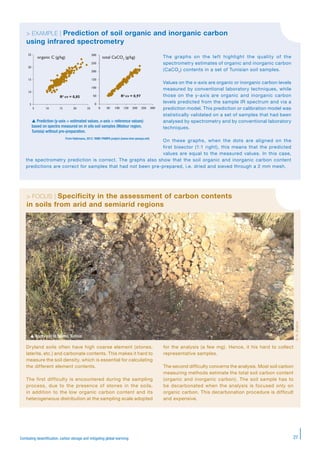 27Combating desertification, carbon storage and mitigating global warming
> FOCUS | Specificity in the assessment of carbon contents
in soils from arid and semiarid regions
Dryland soils often have high coarse element (stones,
laterite, etc.) and carbonate contents. This makes it hard to
measure the soil density, which is essential for calculating
the different element contents.
The first difficulty is encountered during the sampling
process, due to the presence of stones in the soils,
in addition to the low organic carbon content and its
heterogeneous distribution at the sampling scale adopted
for the analysis (a few mg). Hence, it his hard to collect
representative samples.
The second difficulty concerns the analysis. Most soil carbon
measuring methods estimate the total soil carbon content
(organic and inorganic carbon). The soil sample has to
be decarbonated when the analysis is focused only on
organic carbon. This decarbonation procedure is difficult
and expensive.
The graphs on the left highlight the quality of the
spectrometry estimates of organic and inorganic carbon
(CaCO3
) contents in a set of Tunisian soil samples.
Values on the x-axis are organic or inorganic carbon levels
measured by conventional laboratory techniques, while
those on the y-axis are organic and inorganic carbon
levels predicted from the sample IR spectrum and via a
prediction model. This prediction or calibration model was
statistically validated on a set of samples that had been
analysed by spectrometry and by conventional laboratory
techniques.
On these graphs, when the dots are aligned on the
first bisector (1:1 right), this means that the predicted
values are equal to the measured values. In this case,
the spectrometry prediction is correct. The graphs also show that the soil organic and inorganic carbon content
predictions are correct for samples that had not been pre-prepared, i.e. dried and sieved through a 2 mm mesh.
 Rocky soil at Siliana, Tunisia.
©N.Brahim
5
10
15
20
25
5 10 15 20 25
R² cv = 0,85
0
50
100
150
200
250
300
0 50 100 150 200 250 300
R² cv = 0,97
organic C (g/kg) total CaCO3
(g/kg)
 Prediction (y-axis = estimated values, x-axis = reference values)
based on spectra measured on in situ soil samples (Mateur region,
Tunisia) without pre-preparation.
From Habimana, 2012. RIME-PAMPA project (www.rime-pampa.net)
> EXAMPLE | Prediction of soil organic and inorganic carbon
using infrared spectrometry
 