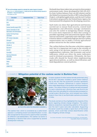 Carbon in drylans soils—Multiple essential functions34
> EXEMPLE | Des techniques variées à utiliser avec discernement…
The cashew tree—which is considered as a useful forest
species in combating erosion and desertification—is now
also recognized for the economic opportunities it provides
for different rural stakeholders. The cashew nut sector is
developing in Burkina Faso and is supported by several
development institutes.
A carbon analysis of white cashew kernels performed using
the EX-ACT calculator revealed a good carbon balance
due to the fact that the production process represents
a GHG sink. However, differences in carbon footprint
were noted depending on the location and the processing
system. The carbon footprint of cashew kernels processed
in a semi-industrial way in Burkina Faso was found to be
better than that calculated for white kernels processed on
a small-scale in Burkina Faso, which already has a better
footprint than that of raw Burkinabé cashews processed
in India.
The study carried out thus highlighted the impacts of this
sector regarding climate change mitigation. The carbon
balance projections representing patterns of the sector
over the next 5 years were also calculated. Supporting
the sector could thus enable a rapid return of this forest
species, which could help combat desertification while
also mitigating climate change.
From Tinlot, 2010.
For further information: www.fao.org/fileadmin/templates/ex_act/pdf/master_
thesis/MFE_TINLOT_M_210610.pdf
> EXAMPLE | Mitigation potential of the cashew sector in Burkina Faso
Drylands have been taken into account in three project
assessment tools: those developed by FAO (EX-ACT,
Ex-Ante Carbon-balance Tool, see left column) and by
the Global Environment Facility (CBP, Carbon Benefits
Project), with global applications, and the tool (Carbon
Calculator) proposed by the United States Agency for
International Development for developing countries.
Such tools can show that agricultural and forestry
carried out to ensure food security, control land
degradation and efficiently manage catchments
can also be useful in mitigating climate change.
It is even more important to show that synergy is
possible regarding arid and semiarid regions where
natural constraints, especially water shortages, make
it hard to obtain a sufficiently high per-hectare carbon
sequestration rate to make a strictly agricultural
project attractive for the carbon market.
The carbon balance has become a decision support
tool, but it is important not to go to the extreme of
only using it for decision support. It is actually a
supplementary indicator, like economic and social
indicators, which are often the main indicators
used in dryland assessments. Ultimately, the best
trade-offs should be found when implementing
agricultural policies, as well as desertification and
land degradation control policies.
 Time and knowledge required to calculate the carbon impacts of projects.
From + to ++++: from the slowest (>1 month) and the most difﬁcult (training required) to
the fastest (<1 day) and easiest to use.
From Colomb et al., 2013.
Calculator Assessment time Ease of use
AFD calculator +++ ++++
ALU + +
CALM +++ +++
Carbon beneﬁt project CPB ++ ++
Carbon Calculator for NZ
Agriculture and Horticulture
++++ ++++
Carbon Farming Group
Calculator
++++ ++++
CFF Carbon Calculator +++ ++
Climagri®
+ +
Cool Farm Tool +++ +++
CPLAN v2 +++ +++
Dia'terre®
+++ +
EX-ACT ++++ +++
FarmGAS ++ ++
Farming Enterprise
Calculator
++++ ++++
FullCAM + +
Holos ++ +++
IFSC ++++ ++
USAID FCC ++++ +++
 A fruit of the cashew tree (Anacardium occidentale L.).
A.Poulet©IRD
 