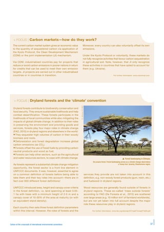 37Carbon at the crossroads of international environmental conventions
> FOCUS | Carbon markets—how do they work?
The current carbon market system gives an economic value
to the quantity of sequestered carbon via application of
the Kyoto Protocol, the Clean Development Mechanism
(CDM) or the joint implementation (JI) mechanism.
Via CDM, industrialized countries pay for projects that
reduce or avoid carbon emissions in poorer nations in return
for credits that can be used to meet their own emission
targets. JI projects are carried out in other industrialized
countries or in countries in transition.
Moreover, every country can also voluntarily offset its own
emissions.
Under the Kyoto Protocol or voluntarily, these markets do
not fully recognize activities that favour carbon sequestration
in agricultural soil. Note, however, that JI only recognize
these activities in countries that have opted to account for
them (e.g. Ukraine).
For further information: www.cdcclimat.com
> FOCUS | Dryland forests and the ‘climate’ convention
Dryland forests contribute to biodiversity conservation and
food security. They ensure sustainable livelihoods and help
combat desertification. These forests participate in the
livelihoods of local communities while also mitigating the
impacts of global climate change. In addition to their roles
in preserving the environment and providing goods and
services, forests play four major roles in climate change
(FAO, 2010) in dryland regions and elsewhere in the world:
They sequester high volumes of carbon in their woody
biomass and roots.
 Deforestation and forest degradation increase global
carbon emissions (as CO2
).
Forests offset the use of fossil fuels by providing carbon
neutral products and wood as fuel.
 Forests can help other sectors, such as the agricultural
and water resources sectors, to cope with climate change.
As forests represent a substantial climate change mitigation
opportunity, the forest sector is a front line element in
UNFCCC documents. It was, however, essential to agree
on a common definition of forests before being able to
take them and their key roles into account—there are in
fact over 650 different forest definitions!
UNFCCC introduced area, height and canopy cover criteria
in the forest definition, i.e. land spanning at least 0.05-
1 ha with trees with a minimum height of 2-5 m and a
canopy cover of 10-30% of the area at maturity (or with
an equivalent stand density).
Each country then sets three forest definition parameters
within this interval. However, the roles of forests and the
services they provide are not taken into account in this
definition, e.g. non-woody forest products (gum, resin, etc.)
and fuelwood in dryland regions.
Wood resources are generally found outside of forests in
dryland regions. These so-called ‘trees outside forests’
according to FAO (De Foresta et al., 2013) are scattered
over large areas (e.g. 10 million km2
of farmland worldwide),
but are not yet taken into full account despite the major
role these resources play in dryland regions.
For further information: www.fao.org/docrep/017/aq071e/aq071e00.pdf
 Forest beekeeping in Ethiopia.
Dry acacia forest. Forest beekeeping serves as a climate change observatory:
a ‘honey tree’ (acacia), Shashemene region.
G.Michon©IRD
 