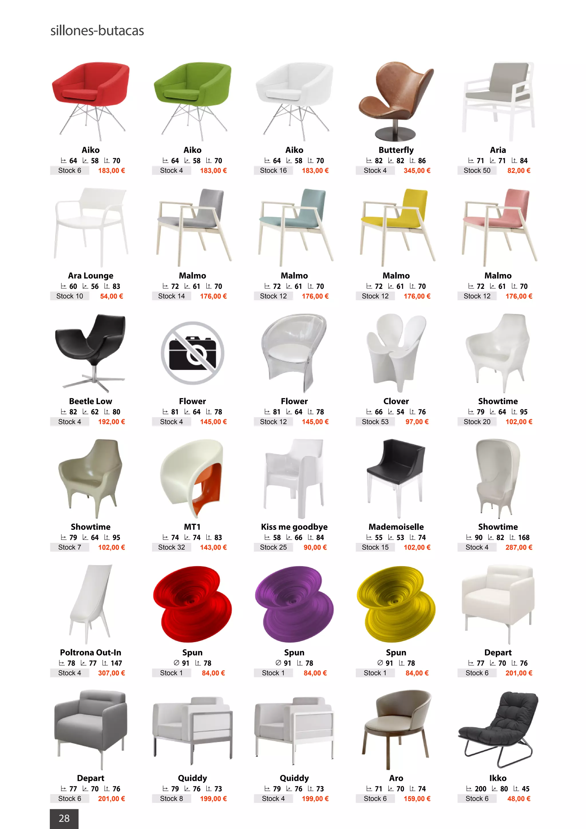 sillones-butacas
28
Aiko
64 58 70
Stock 6 183,00 €
Aiko
64 58 70
Stock 4 183,00 €
Aiko
64 58 70
Stock 16 183,00 €
Butterfly
82 82 86
Stock 4 345,00 €
Aria
71 71 84
Stock 50 82,00 €
Ara Lounge
60 56 83
Stock 10 54,00 €
Malmo
72 61 70
Stock 14 176,00 €
Malmo
72 61 70
Stock 12 176,00 €
Malmo
72 61 70
Stock 12 176,00 €
Malmo
72 61 70
Stock 12 176,00 €
Beetle Low
82 62 80
Stock 4 192,00 €
Flower
81 64 78
Stock 4 145,00 €
Flower
81 64 78
Stock 12 145,00 €
Clover
66 54 76
Stock 53 97,00 €
Showtime
79 64 95
Stock 20 102,00 €
Showtime
79 64 95
Stock 7 102,00 €
MT1
74 74 83
Stock 32 143,00 €
Kiss me goodbye
58 66 84
Stock 25 90,00 €
Mademoiselle
55 53 74
Stock 15 102,00 €
Showtime
90 82 168
Stock 4 287,00 €
Poltrona Out-In
78 77 147
Stock 4 307,00 €
Spun
91 78
Stock 1 84,00 €
Spun
91 78
Stock 1 84,00 €
Spun
91 78
Stock 1 84,00 €
Depart
77 70 76
Stock 6 201,00 €
Depart
77 70 76
Stock 6 201,00 €
Quiddy
79 76 73
Stock 8 199,00 €
Quiddy
79 76 73
Stock 4 199,00 €
Aro
71 70 74
Stock 6 159,00 €
Ikko
200 80 45
Stock 6 48,00 €
 