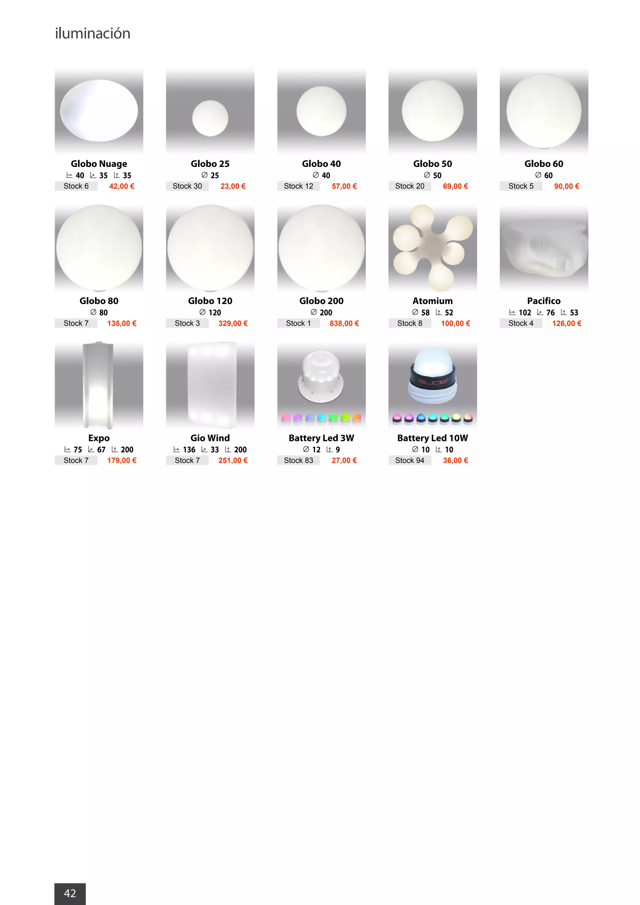 iluminación
42
Globo Nuage
40 35 35
Stock 6 42,00 €
Globo 25
25
Stock 30 23,00 €
Globo 40
40
Stock 12 57,00 €
Globo 50
50
Stock 20 69,00 €
Globo 60
60
Stock 5 90,00 €
Globo 80
80
Stock 7 135,00 €
Globo 120
120
Stock 3 329,00 €
Globo 200
200
Stock 1 838,00 €
Atomium
58 52
Stock 8 100,00 €
Pacifico
102 76 53
Stock 4 126,00 €
Expo
75 67 200
Stock 7 179,00 €
Gio Wind
136 33 200
Stock 7 251,00 €
Battery Led 3W
12 9
Stock 83 27,00 €
Battery Led 10W
10 10
Stock 94 36,00 €
 