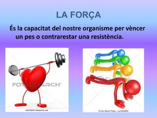 LA FORÇA
És la capacitat del nostre organisme per vèncer
un pes o contrarestar una resistència.
 