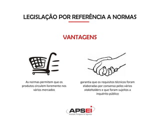LEGISLAÇÃO POR REFERÊNCIA A NORMAS
VANTAGENS
As normas permitem que os
produtos circulem livremente nos
vários mercados
garantia que os requisitos técnicos foram
elaboradas por consenso pelos vários
stakeholders e que foram sujeitos a
inquérito público
 