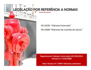 Ana Ferreira
EN 14339 “Hidrante Enterrado”
EN 14384 “Hidrantes de incêndio de coluna”
Regulamento Produtos Construção (UE) 305/2011
Portaria n.º 1532/2008
Nota Técnica nº 7 ANPC Hidrantes exteriores
LEGISLAÇÃO POR REFERÊNCIA A NORMAS
 