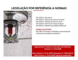 Regulamento Produtos Construção (UE) 305/2011
Portaria n.º 1532/2008
Nota Técnica nº 15 da ANPC (Despacho nº 14903/2013)
Nota Técnica n.º 16 da ANPC (aguarda publicação)
EN 12259-1 “Sprinklers”
EN 12259-2 “Válvulas de alarme húmidas”
EN 12259-3 “Válvulas de alarme secas”
EN 12259-4 “Alarmes de motor de água”
EN 12259-5 “Detetores de débito hidráulico”
NORMA VOLUNTÁRIA
EN 12845 “Conceção, instalação e manutenção de
sistemas de extinção por sprinklers”
LEGISLAÇÃO POR REFERÊNCIA A NORMAS
 