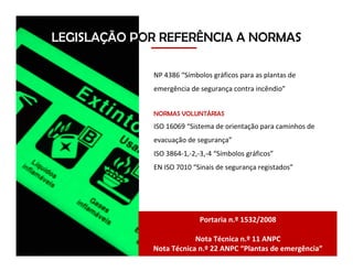 NP 4386 “Símbolos gráficos para as plantas de
emergência de segurança contra incêndio”
NORMAS VOLUNTÁRIAS
ISO 16069 “Sistema de orientação para caminhos de
evacuação de segurança”
ISO 3864-1,-2,-3,-4 “Símbolos gráficos”
EN ISO 7010 “Sinais de segurança registados”
LEGISLAÇÃO POR REFERÊNCIA A NORMAS
Portaria n.º 1532/2008
Nota Técnica n.º 11 ANPC
Nota Técnica n.º 22 ANPC “Plantas de emergência”
 