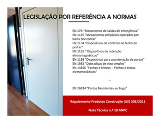 EN 179 “Mecanismos de saídas de emergência”
EN 1125 “Mecanismos antipânico operados por
barra horizontal”
EN 1154 “Dispositivos de controlo de fecho de
portas”
EN 1155 “ Dispositivos de retenção
eletromagnéticos”
EN 1158 “Dispositivos para coordenação de portas”
EN 1935 “Dobradiças de eixo simples”
EN 14846 “Fechos e trincos – Fechos e testas
eletromecânicos”
--
EN 16034 “Portas Resistentes ao Fogo”
LEGISLAÇÃO POR REFERÊNCIA A NORMAS
Regulamento Produtos Construção (UE) 305/2011
Nota Técnica n.º 10 ANPC
 