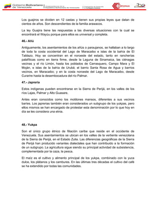 Los guajiros se dividen en 12 castas y tienen sus propias leyes que datan de
cientos de años. Son descendientes de la familia arawacos.
La ley Guajira tiene las respuestas a las diversas situaciones con la cual se
encontrará el Wayúu porque para ellos es universal y completa.
46.- Añú
Antiguamente, los asentamientos de los añús o paraujanos, se hallaban a lo largo
de toda la costa occidental del Lago de Maracaibo e islas de la bahía de El
Tablazo. Hoy se concentran en el noroeste del estado, tanto en rancherías
palafíticas como en tierra firme, desde la Laguna de Sinamaica, las ciénagas
vecinas y el río Limón, hasta los poblados de Carrasquero, Campo Mara y El
Moján, e islas de la bahía de Urubá; el barrio Santa Rosa de Agua y barrios
vecinos, en Maracaibo; y en la costa noroeste del Lago de Maracaibo, desde
Curarire hasta la desembocadura del río Palmar.
47.- Japreria
Estos indígenas pueden encontrarse en la Sierra de Perijá, en los valles de los
ríos Lajas, Palmar y Alto Guasare.
Antes eran conocidos como los motilones mansos, diferentes a sus vecinos
baríes. Los japrerias también eran considerados un subgrupo de los yukpas, pero
ellos mismos se han encargado de protestar esta denominación por lo que hoy en
día se les considera una etnia.
48.- Yukpa
Son el único grupo étnico de filiación caribe que reside en el occidente de
Venezuela. Sus asentamientos se ubican en los valles de la vertiente venezolana
de la Sierra de Perijá, en el Estado Zulia. Las diferencias geográficas de la Sierra
de Perijá han producido variantes dialectales que han contribuido a la formación
de un subgrupo. La agricultura sigue siendo su principal actividad de subsistencia,
complementada por la caza, la pesca.
El maíz es el cultivo y alimento principal de los yukpa, combinado con la yuca
dulce, los plátanos y los cambures. En las últimas tres décadas el cultivo del café
se ha extendido por todas las comunidades.
 