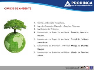 CURSOS DE AMBIENTE
1. Normas Ambientales Venezolanas.
2. Ley sobre Sustancias, Materiales y Desechos Peligrosos.
3. Ley Orgánica del Ambiente.
4. Fundamentos de Protección Ambiental: Ambiente, Hombre e
Industria.
5. Fundamentos de Protección Ambiental: Control de Emisiones
Atmosféricas.
6. Fundamentos de Protección Ambiental: Manejo de Efluentes
Líquidos.
7. Fundamentos de Protección Ambiental: Manejo de Desechos
Sólidos .
 