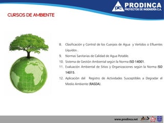 CURSOS DE AMBIENTE
8. Clasificación y Control de los Cuerpos de Agua y Vertidos o Efluentes
Líquidos .
9. Normas Sanitarias de Calidad de Agua Potable.
10. Sistema de Gestión Ambiental según la Norma ISO 14001.
11. Evaluación Ambiental de Sitios y Organizaciones según la Norma ISO
14015.
12. Aplicación del Registro de Actividades Susceptibles a Degradar el
Medio Ambiente (RASDA).
 