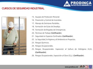 CURSOS DE SEGURIDAD INDUSTRIAL
15. Equipos de Protección Personal.
16. Prevención y Control de Incendios.
17. Manejo de Extintores Portátiles.
18. Formación de Guías de Desalojo.
19. Formación de Brigadas de Emergencias.
20. Permisos de Trabajo (Certificación).
21. Seguridad en Espacios Confinados (Certificación).
22. La Seguridad, la Higiene y el Ambiente en Proyectos.
23. Riesgos Químicos.
24. Riesgos Ocupacionales.
25. Riesgos Ocupacionales. Exposición al Sulfuro de Hidrógeno (H2S).
(Certificación).
26. Riesgos Ocupacionales. Exposición al Cloro (CL2). (Certificación).
 