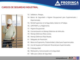 CURSOS DE SEGURIDAD INDUSTRIAL
53. Soldadura. Riesgos.
54. Básico de Seguridad e Higiene Ocupacional para Supermercado /
Hipermercado.
55. Rol del Supervisor en la Seguridad y Salud en el Trabajo.
56. LOPCYMAT y su Reglamento.
57. Higiene Ocupacional.
58. Concientización en Manejo Defensivo de Vehículos.
59. Manejo Defensivo Flota Liviana.
60. Manejo Defensivo Flota Pesada.
61. Delegados de Prevención.
62. Básico de Ergonomía, Productividad y Salud para Supermercados.
63. Uso de Equipos de Protección Personal para Supermercados.
65. Endoseguridad.
66. Motivación y Comunicación en la Seguridad.
67. Taller para Líderes de Seguridad.
 