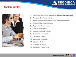 CURSOS DE RRHH
1. Planificación Estratégica Basada en el Balanced Scorecard (BSC).
2. Redacción de Informes Técnicos.
3. Planificación y Control de Producción “Aspectos Generales”.
4. Principios Básicos de Mercadeo.
5. Relaciones Interpersonales.
6. Comunicación Efectiva.
7. Mejoramiento de la Calidad.
8. Creatividad e Innovación.
9. Gestión del Cambio.
10. Inteligencia Emocional.
11. Liderazgo Efectivo.
12. Liderazgo en Acción.
13. Motivación y Autoestima.
 
