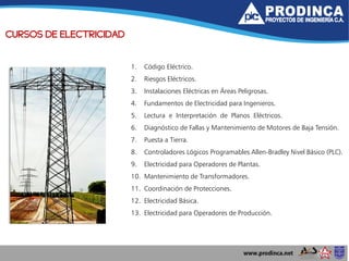 CURSOS DE ELECTRICIDAD
1. Código Eléctrico.
2. Riesgos Eléctricos.
3. Instalaciones Eléctricas en Áreas Peligrosas.
4. Fundamentos de Electricidad para Ingenieros.
5. Lectura e Interpretación de Planos Eléctricos.
6. Diagnóstico de Fallas y Mantenimiento de Motores de Baja Tensión.
7. Puesta a Tierra.
8. Controladores Lógicos Programables Allen-Bradley Nivel Básico (PLC).
9. Electricidad para Operadores de Plantas.
10. Mantenimiento de Transformadores.
11. Coordinación de Protecciones.
12. Electricidad Básica.
13. Electricidad para Operadores de Producción.
 
