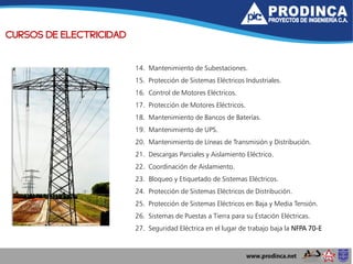 CURSOS DE ELECTRICIDAD
14. Mantenimiento de Subestaciones.
15. Protección de Sistemas Eléctricos Industriales.
16. Control de Motores Eléctricos.
17. Protección de Motores Eléctricos.
18. Mantenimiento de Bancos de Baterías.
19. Mantenimiento de UPS.
20. Mantenimiento de Líneas de Transmisión y Distribución.
21. Descargas Parciales y Aislamiento Eléctrico.
22. Coordinación de Aislamiento.
23. Bloqueo y Etiquetado de Sistemas Eléctricos.
24. Protección de Sistemas Eléctricos de Distribución.
25. Protección de Sistemas Eléctricos en Baja y Media Tensión.
26. Sistemas de Puestas a Tierra para su Estación Eléctricas.
27. Seguridad Eléctrica en el lugar de trabajo baja la NFPA 70-E
 