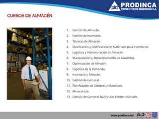 CURSOS DE ALMACÉN
1. Gestión de Almacén.
2. Gestión de Inventario.
3. Técnicas de Almacén.
4. Clasificación y Codificación de Materiales para Inventarios.
5. Logística y Administración de Almacén.
6. Manipulación y Almacenamiento de Alimentos.
7. Optimización de Almacén.
8. Logística de la Demanda.
9. Inventario y Almacén.
10. Gestión de Compras .
11. Planificación de Compras y Materiales.
12. Almacenista.
13. Gestión de Compras Nacionales e Internacionales.
 