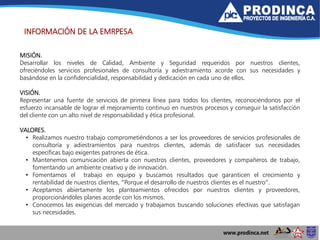 MISIÓN.
Desarrollar los niveles de Calidad, Ambiente y Seguridad requeridos por nuestros clientes,
ofreciéndoles servicios profesionales de consultoría y adiestramiento acorde con sus necesidades y
basándose en la confidencialidad, responsabilidad y dedicación en cada uno de ellos.
VISIÓN.
Representar una fuente de servicios de primera línea para todos los clientes, reconociéndonos por el
esfuerzo incansable de lograr el mejoramiento continuo en nuestros procesos y conseguir la satisfacción
del cliente con un alto nivel de responsabilidad y ética profesional.
VALORES.
• Realizamos nuestro trabajo comprometiéndonos a ser los proveedores de servicios profesionales de
consultoría y adiestramientos para nuestros clientes, además de satisfacer sus necesidades
específicas bajo exigentes patrones de ética.
• Mantenemos comunicación abierta con nuestros clientes, proveedores y compañeros de trabajo,
fomentando un ambiente creativo y de innovación.
• Fomentamos el trabajo en equipo y buscamos resultados que garanticen el crecimiento y
rentabilidad de nuestros clientes, “Porque el desarrollo de nuestros clientes es el nuestro”.
• Aceptamos abiertamente los planteamientos ofrecidos por nuestros clientes y proveedores,
proporcionándoles planes acorde con los mismos.
• Conocemos las exigencias del mercado y trabajamos buscando soluciones efectivas que satisfagan
sus necesidades.
INFORMACIÓN DE LA EMRPESA
 