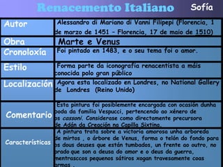 Renacemento Italiano                                  Sofía
Autor            Alessandro di Mariano di Vanni Filipepi (Florencia, 1
                 de marzo de 1451 – Florencia, 17 de maio de 1510)
Obra              Marte e Venus
Cronoloxía       Foi pintado en 1483, e o seu tema foi o amor.

Estilo            Forma parte da iconografia renacentista a máis
                 conocida polo gran público
Localización      Agora esta localizado en Londres, no National Gallery
                 de Londres (Reino Unido)

                 Esta pintura foi posiblemente encargada con ocasión dunha
                boda da familia Vespucci, pertencendo ao xénero de
Comentario os cassoni. Considerase como directamente precursora
                de Adán da Creación na Capilla Sixtina.
                 A pintura trata sobre a victoria amorosa unha arboreda
                de mirtos , o árbore de Venus, forma o telón do fondo para
Características os dous deuses que están tumbados, un frente ao outro, no
                prado que son a deusa do amor e o deus da guerra,
                mentrasccos pequenos sátiros xogan travesamente coas
                armas .
 