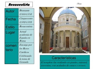 Renacentista                                             Borja


Autor    Bramante
         (1444-1514)
Fecha    Cinquecento
         (1502-1510)
Estilo   Renacentista

Lugar    Actual
         academia de
         España en
         Roma
comen    Encarga por
         los Reyes
tario
         Católicos
         Celebrando
         la toma de               Características
         Granada        El templete fue realizado en granito, mármol,
                        travertino, con acabados de estuco y revoco.
 