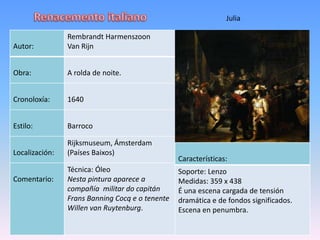 Julia

                Rembrandt Harmenszoon
Autor:          Van Rijn


Obra:           A rolda de noite.


Cronoloxía:     1640


Estilo:         Barroco

                Rijksmuseum, Ámsterdam
Localización:   (Países Baixos)
                                                 Características:
                Técnica: Óleo                    Soporte: Lenzo
Comentario:     Nesta pintura aparece a          Medidas: 359 x 438
                compañía militar do capitán      É una escena cargada de tensión
                Frans Banning Cocq e o tenente   dramática e de fondos significados.
                Willen van Ruytenburg.           Escena en penumbra.
 
