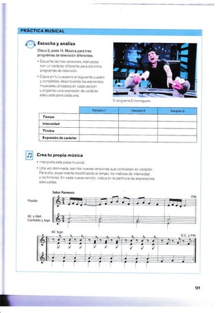fa Escucha y analiza
Disco 2, pista 14. Mrisica para tres
programas de televisión diferentes.
. Escucha las tres versiones, realizadas
con un carácter diferente para distintos
programas de televisión.
. Copia en tu cuaderno el siguiente cuadro
y complétalo describiendo los elementos
musicales utilizados en cada versión
y eligiendo una expresión de carácter
adecuada para cada una.
El programa El hormiguero.
m Crea tu propia música
Flautas
Xil. y Met.
Contralto y bajo
. lnterpreta esta pieza musical.
' una vez dominada, escribe nuevas versiones que contrasten en carácter,
Para ello, experimenta modificando el tempo,los matices de intensidad
y los timbres, En cada nueva versión, indica en la partitura las expresiones
adecuadas.
Sabor flamenco
Xil. Sopr.
L-
121
rl
Versión 1 Versión 3
Tempo
lntensidad
Timbre
Expresión de carácter
G-
 