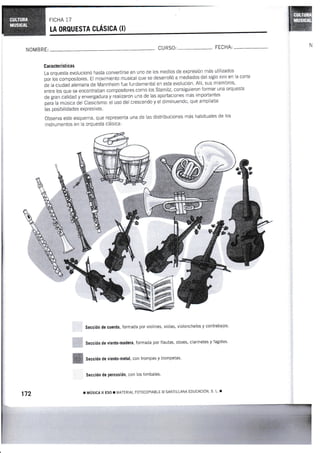 FICHA 17
LA Í}ROUESTA CLÁSICA (I)
NOM BRE: CU RSO FECHA:
Garacterísticas
La orquesia evolucionÓ hasta convertirse en uno de los medios de expresión más uiilizados
por los cornpositores. El rnovimiento musical que se desarrolló a mediados del siglo xvlll en la corle
de la ciudad alemana de Mannheim fue fundamental en esta evolución' AllÍ, sus miembros'
entre los que se encontraban Compositores corno los Stamitz, Consiguieron formar una orguesta
de gran calidad y envergadura y realizaron una de las aportaciones más irnportantes
pañ h mrisica áel Ciasicismo: el uso del crescendo y el diminuendo, que ampliaba
las posibilidades expreslvas.
observa este esquema, que representa una de las distribuciones más habituales de los
instrumentos en la orquesta clásica:
Seccién de cuerda, formada por violines, violas, violonchelos y contrabajos'
Sección de viento-madera, formada por flautas, oboes, ciarinetes y fagotes'
I Sección dB r¡Blto-metal, con trompas y trompetas.
Sección de percusión, con los timbales'
r HÚSICA II ESO ¡ MATERIAL FOTOCOPIABLE @ SANTILLANA EDUCACIÓN, S. L' T
;+r:',
'r'
".
i:¡..- l
172
N
 