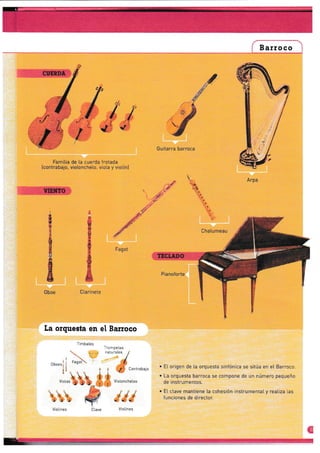 Barroco
Famiiia de la cuerCa fr-otada
Icontrabajo, vioioncheto, viota y viotínl
Guitarra barroca
Arpa
. E[ origen de [a orquesta sinfónica se sitúa en et Barroco
. La orquesta barroca se compone de un número peeueño
de instrumentos.
r E[ ctave mantiene [a cohesión instrumentaL y realiza Las
[unciones de director.
rá
flá
Timbales
 §*É,
ouo.r! I '"n*o'
u"
¡l ,.
,,",".¡tt ¡
t5r #Violines Ctave
Oboe Ciarinete
[.a orquesta en el Barroco
Fagot
Trompetas
naturales I
24/
*r .J
.,n,,-"'",o
I vioton.t.to,
#tViotines
t:
TIE}ITO
.1!
ii-Ñ
ffiü§***
sffit
ffi:ffiE
fffiaffi
;ruffi
ffi§
ffi
ffi
ffi
ffi
ffi
 
