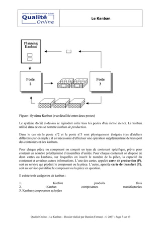 Le Kanban




Figure : Système Kanban (vue détaillée entre deux postes)

Le système décrit ci-dessus se reproduit entre tous les postes d'un même atelier. Le kanban
utilisé dans ce cas se nomme kanban de production.

Dans le cas où le poste n°2 et le poste n°3 sont physiquement éloignés (cas d'ateliers
différents par exemple), il est nécessaire d'effectuer une opération supplémentaire de transport
des containers et des kanbans.

Pour chaque pièce ou composant on conçoit un type de contenant spécifique, prévu pour
contenir un nombre prédéterminé d’ensembles d’unités. Pour chaque contenant on dispose de
deux cartes ou kanbans, sur lesquelles on inscrit le numéro de la pièce, la capacité du
contenant et certaines autres informations. L’une des cartes, appelée carte de production (P),
sert au service qui produit le composant ou la pièce. L’autre, appelée carte de transfert (T),
sert au service qui utilise le composant ou la pièce en question.

Il existe trois catégories de kanban :

1.                     Kanban                                 produits                              finis
2.                Kanban                              composantes                          manufacturées
3. Kanban composantes achetées




         Qualité Online – Le Kanban – Dossier réalisé par Damien Ferrazzi - © 2007 - Page 7 sur 13
 
